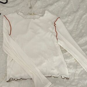 Madewell White Long Sleeve Lettuce-Edge Top with Rust Trim